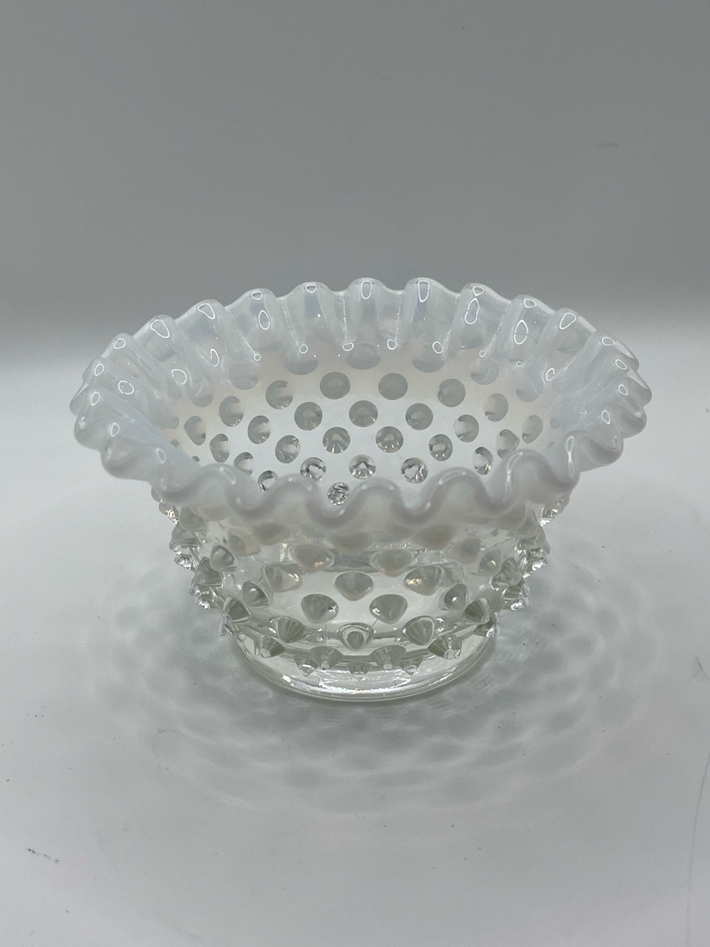 Vintage Fenton Style Clear Opalescent Hobnail Ruffled Bowl